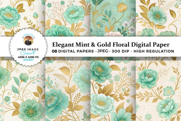 Download Elegant Mint &amp; Gold Floral Digital Paper - Digital paper Collection