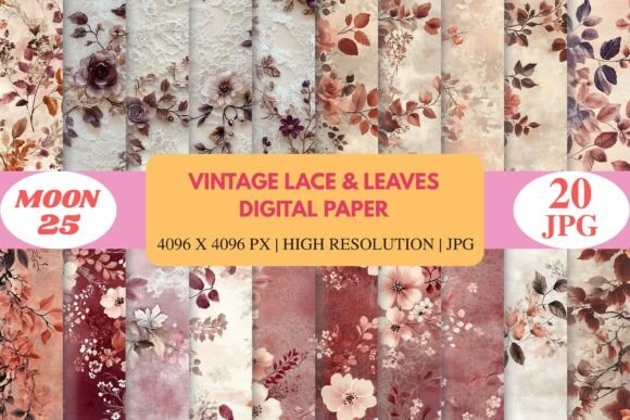 Download Vintage Lace &amp; Leaves Digital Paper - Digital paper Collection