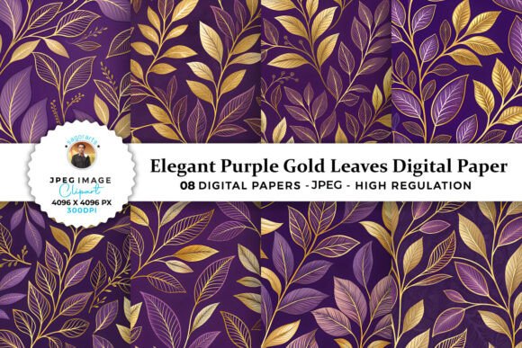 Download Elegant Purple Gold Leaves Digital Paper - Digital paper Collection