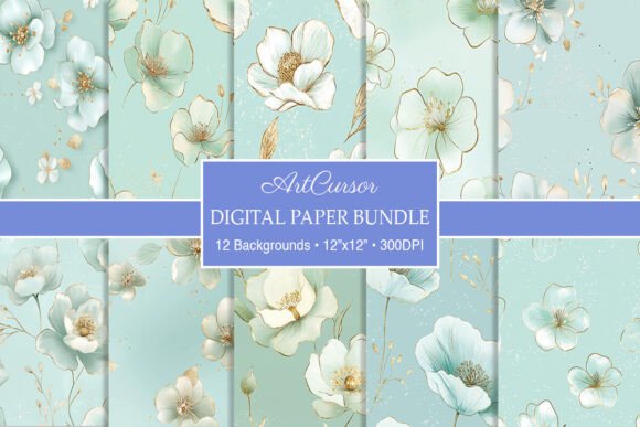 Download Elegant Mint &amp; Gold Floral Digital Paper - Digital paper Collection
