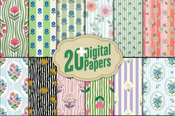 Download Pastel Stripes Floral Digital Papers - Digital paper Collection