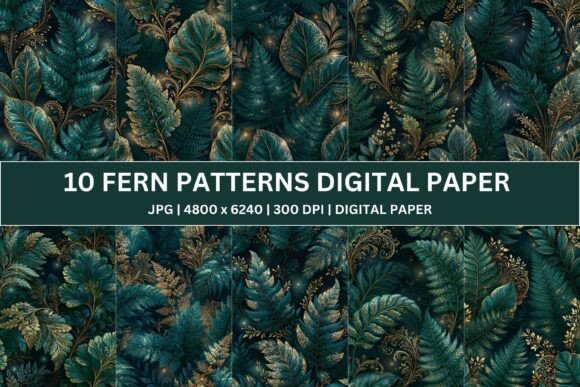 Download 10 Ornate Emerald Fern Digital Paper - Digital paper Collection