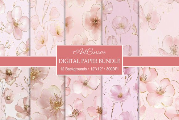 Download Elegant Pink &amp; Gold Floral Digital Paper - Digital paper Collection