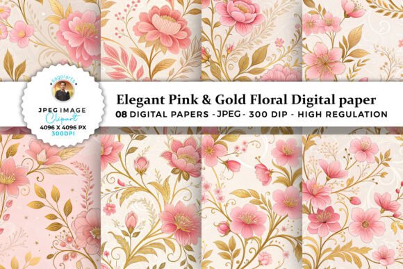 Download Elegant Pink &amp; Gold Floral Digital Paper - Digital paper Collection